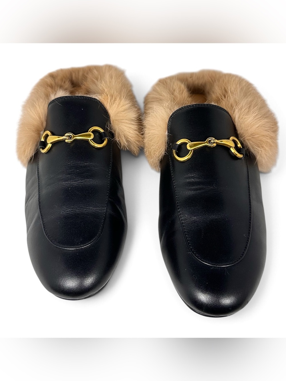 Black Leather Fur Lined Horsebit Mule Loafers Gold Tone Women 250 8-8.5